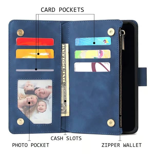 Plånboksfodral för iPhone 11, Blixtlåsplånbok, Ställfodral, Kortplatser med handledsrem, Stötsäkert TPU Flipfodral för iPhone 11 - Blå