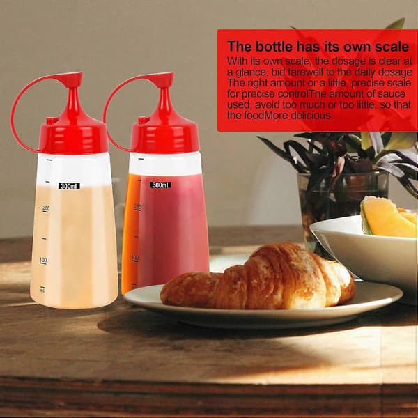 2 st 300 ml Plastflaskor med Gradering, Tryckflaskor med Lock, Squeezeboteller för Kryddor (Vit)