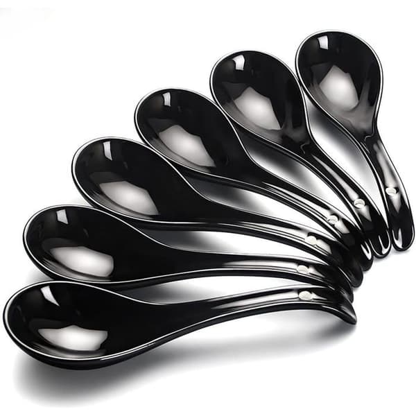 Sæt med 6 suppeskeer, sort keramik, 17 cm, ergonomisk design, til ramen og pho