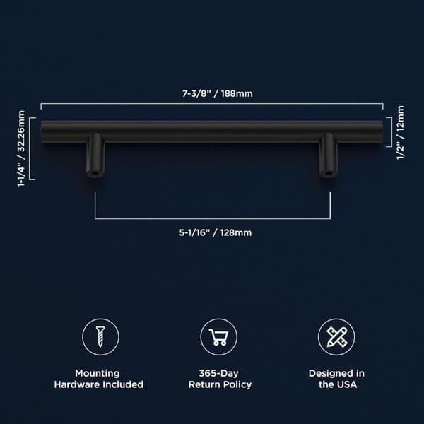 Sæt med 15 møbelgreb, 188 mm – Sort rustfrit stål – Mat finish – 128 mm center-til-center afstand – Ergonomisk design til skabe