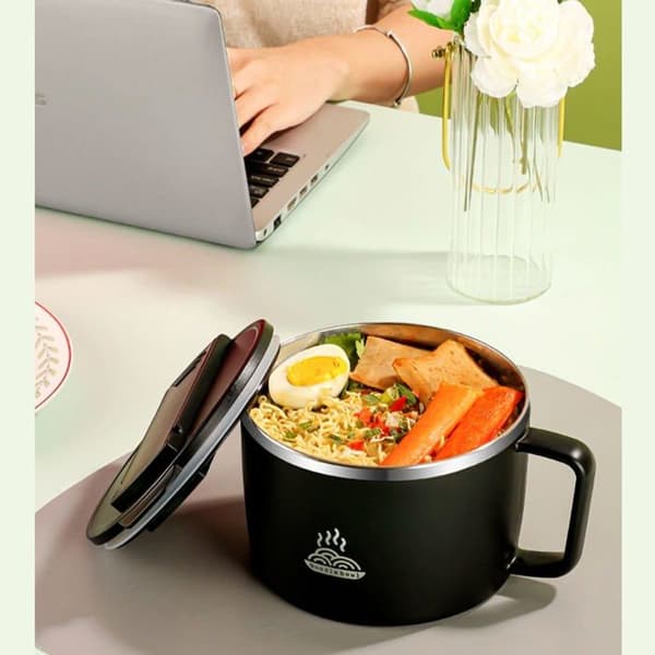 Mikrobølgeovn Ramen Skål, Rustfrit Stål 304, 1200ml, Sort + Spisepinde/Ske + Låg - Kontor