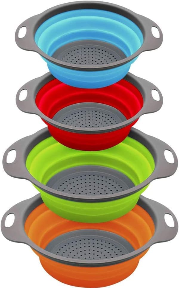 Sammenleggbart dørslag- og silsett, solid plastbase av matkvalitet - Rund plassbesparende sammenleggbar silikon-sil for pasta, grønnsaker
