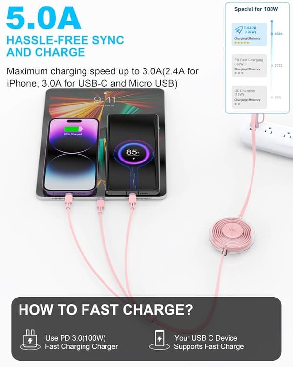 2025 Uusin malli 100W USB C Multi USB -kaapeli, 3 in 2 USB -kaapeli, sisäänvedettävä nopea USB iPhone -latauskaapeli, useita Micro USB Type C iPh