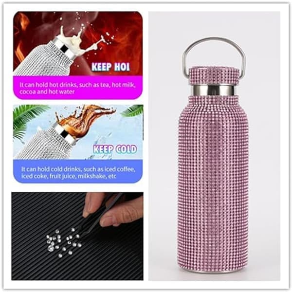 Bling kop, glitter vandflaske, termisk vandflaske i rustfrit stål med kæde til kvinder (sølv 500ml)