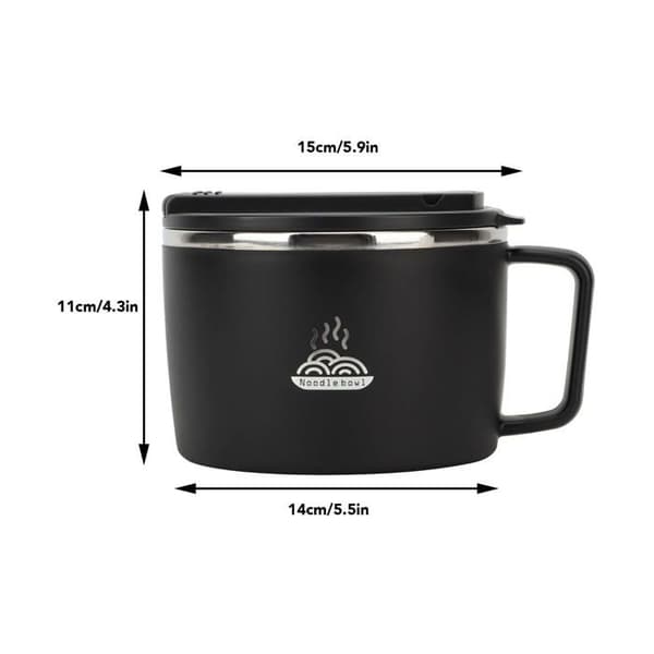 Mikrobølgeovn Ramen Skål, Rustfrit Stål 304, 1200ml, Sort + Spisepinde/Ske + Låg - Kontor