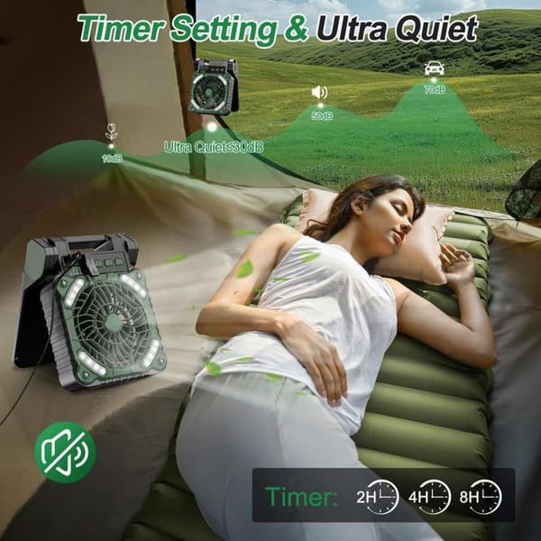 Solarventilator, Genopladelig Campingventilator 10400 mAh, Bærbar Teltventilator med LED-lys, Timer, 4 Hastigheder