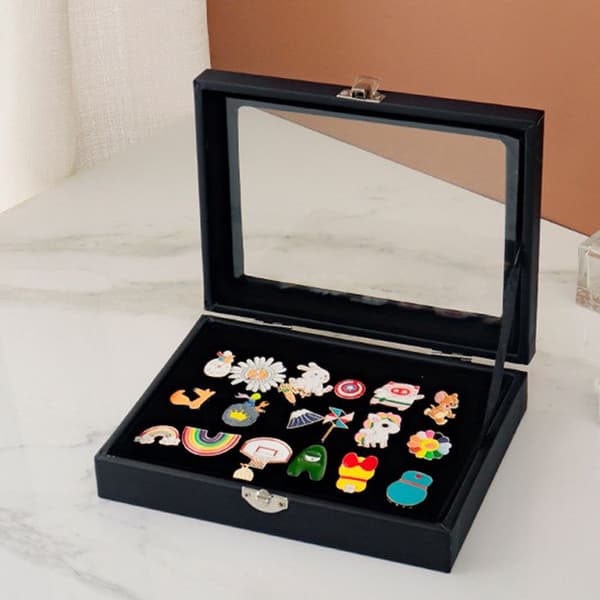 Sort fløjl glas ring display boks - opbevaringsbakke - display stand