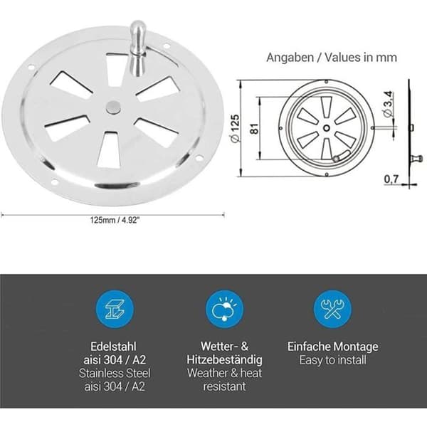 Ventilationsrist i rustfrit stål - 1 stk, 125 mm - Velegnet til yacht, båd, autocamper, hus