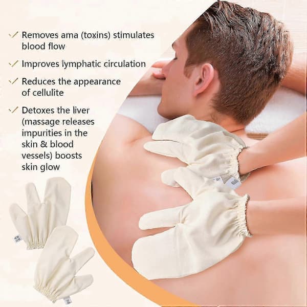 Garshana-handsker i råsilke til eksfolierende massage og hudbørstning med elastiske håndledsremme