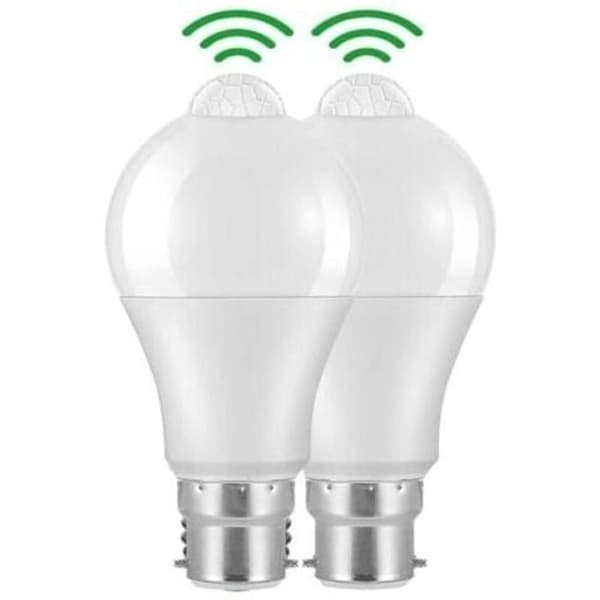 2-pack B22 LED-lampor med rörelsesensor, 12W 1020lm, kallvit 6000K, IP42 vattentät, ej dimbar