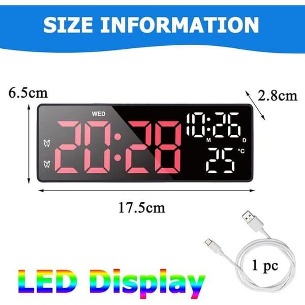 Digital väckarklocka, LED-väckarklocka med digital klocka, datum, temperatur, justerbar ljusstyrka, blå LED (vit)