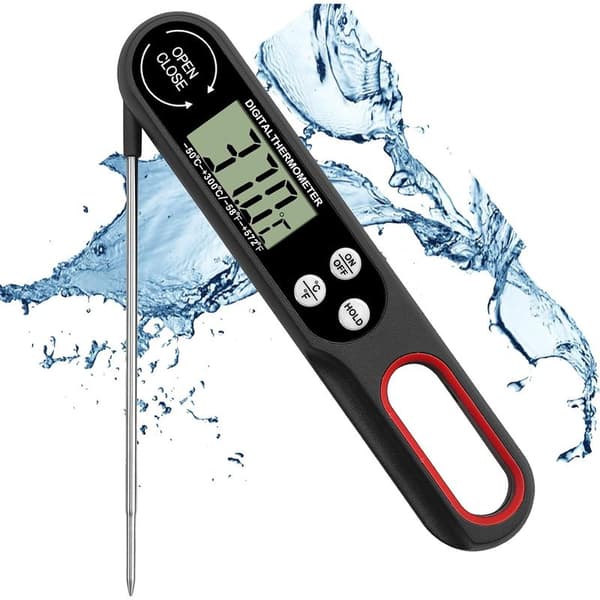 Vikbar kötttermometer – Digital kökssond med LCD-skärm för grillning och matlagning – Svart