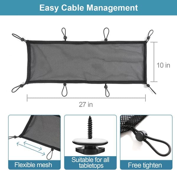 Kabelstyring i mesh til skriveborde, kabelstyringsløsning under bordet, robust og let organizer med anti-ridse, åndbart mesh-design