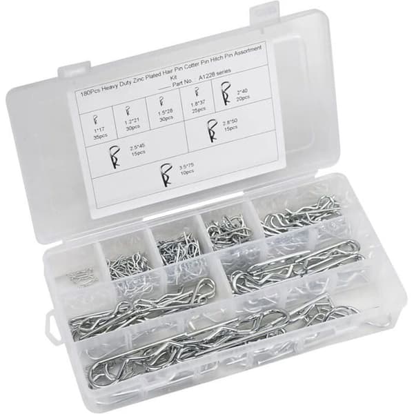 180 stk. splittebolte, 8 størrelser R-clips, låsestifter, R-formede splittebolte, sortimentssæt
