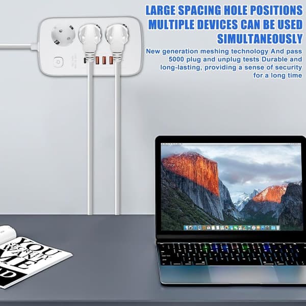 Udtrækkelig stikdåse – 3-rums med 4 USB-porte & 2 USB-C, 2m kabel – Hvid
