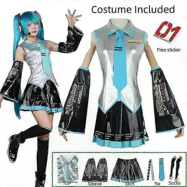 Miku Cosplay Kostymset med Silver Läder Sjömansklänning Endast L