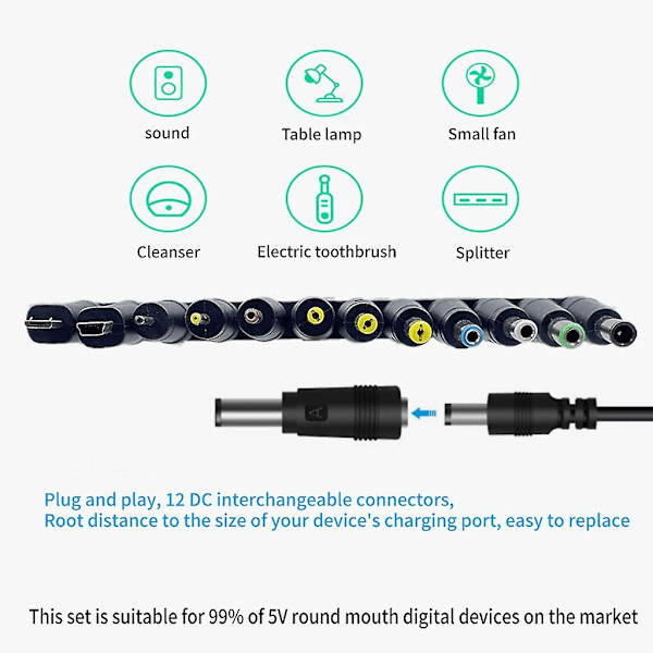 5V USB-DC5521-virtajohto tukee latausta, sisältää 12 liitäntäkärkeä