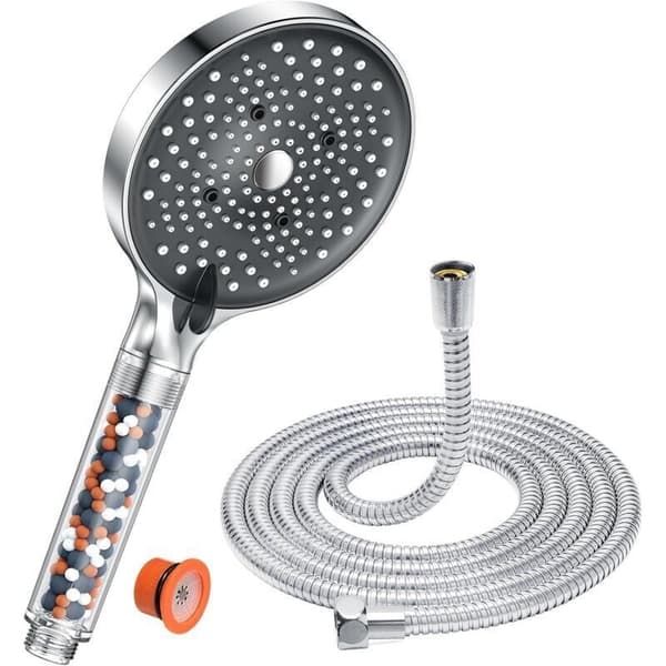 Dusjhode med 1,6M slange, stort (130mm) antikalk dusjhode, vannbesparende, 6 strålemønstre, høyt trykk, krom