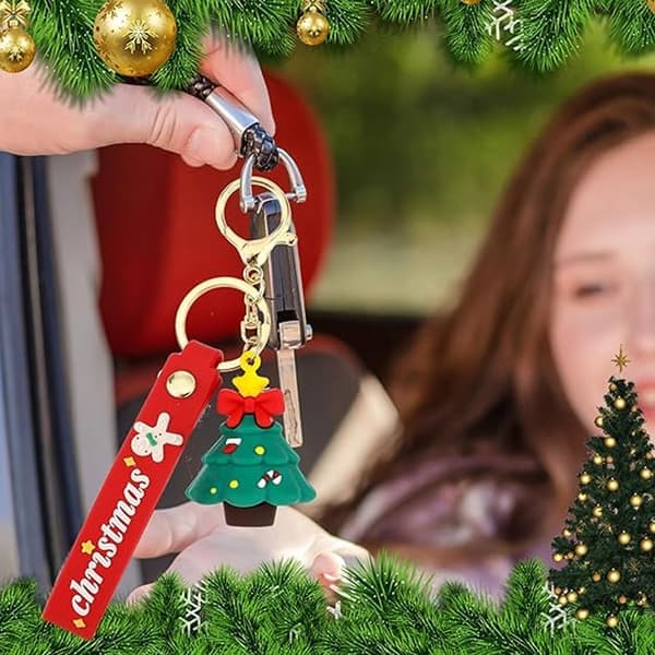 Stjärnformad julgransnyckelring 2-pack, söt tecknad julnyckelringpresent, tomtesilikonarmbandsnyckelring E E