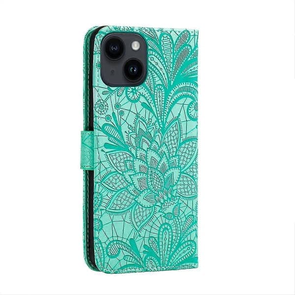 Blomsterpræget læderetui til iPhone 15 Plus Grøn Green