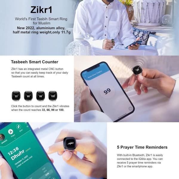 Elektronisk bøn tasbih - Genopladelig - Flersproget - Sort - 22mm - Smart Ring