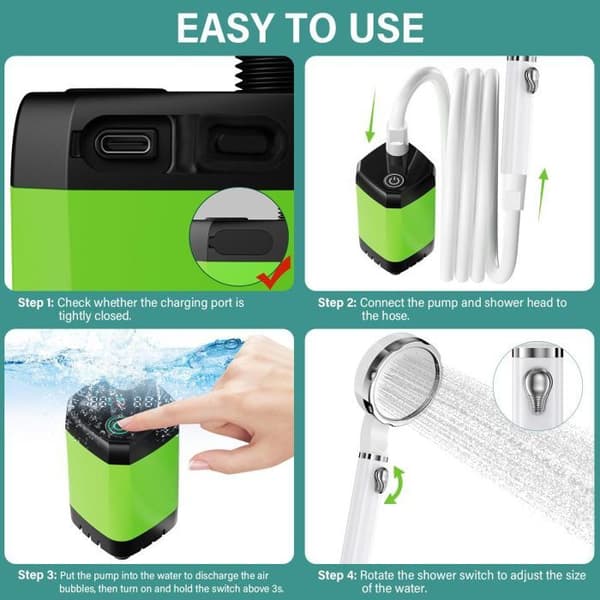 6000mAh Campingsduschkit, Uppladdningsbar Elektrisk Duschpump, med Smart Display