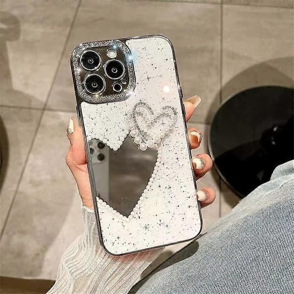 Luksus Mode Elektropletteret Diamant Kærlighed Hjerte Spejl Telefoncover Til iPhone 15 14 13 12 Pro Max Stødsikkert Cover (Sort, iPhone 12)