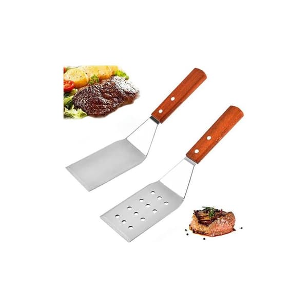 2-delt grillspatelsett, spatelsett i rustfritt stål, metallspatel, perforert grillspatel i rustfritt stål med trehåndtak for
