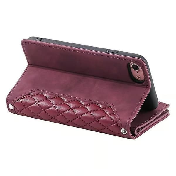 iPhone 16e Plånboksfodral med diamantmönster, dragkedja och axelrem (Vinröd)