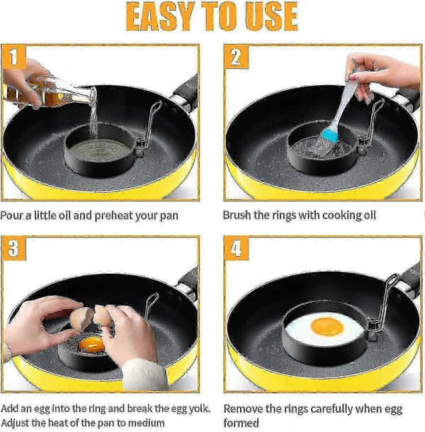 4 stk. stekte eggformer, pannekakeform i rustfritt stål, non-stick