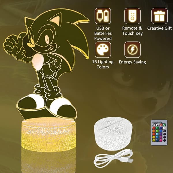 Sonic 3D illusjonslampe – nattlys med fjernkontroll og 16 fargeendringer, perfekt bursdagsgave til gutter