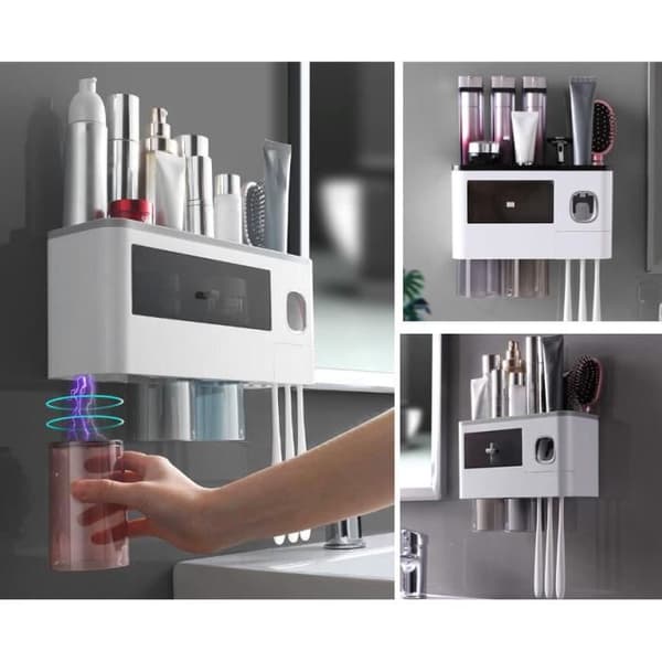 Tannbørsteholder - MERKE - Modell - Transparent grå - Tannkremdispenser - Veggmontering