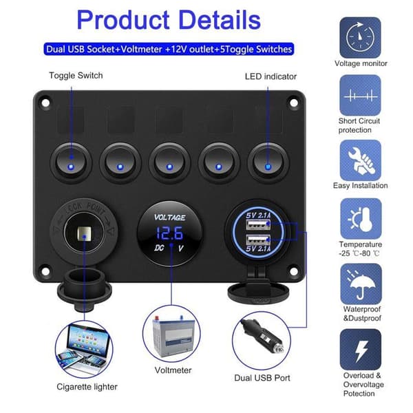 5-veis vippebryterpanel, vippebryterpanel, elektrisk panel for båt/bil, vanntett, 12V/24V