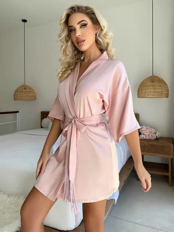 Kimono badekåbe i satin til kvinder i silkepink