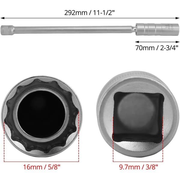 16 mm tændrørsnøgle - 1 stk. - Kulstofstål - 360° magnetisk top - Dyb top - Lang skaft