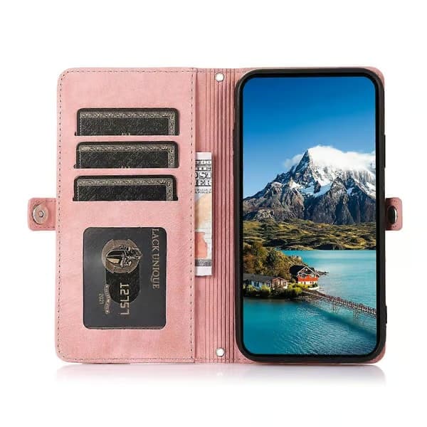 iPhone 17-fodral med blixtlåsficka, 9 kortfack, skyddande mobilfodral i PU-läder med handledsrem