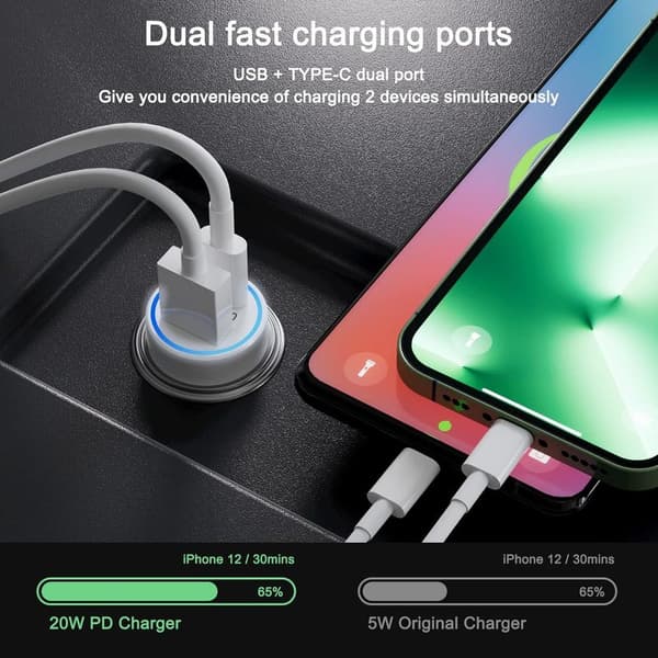 Biloplader – 38W USB-C PD20W + QC3.0 med 1M kabel til iPhone 12/13/11/X & iPad