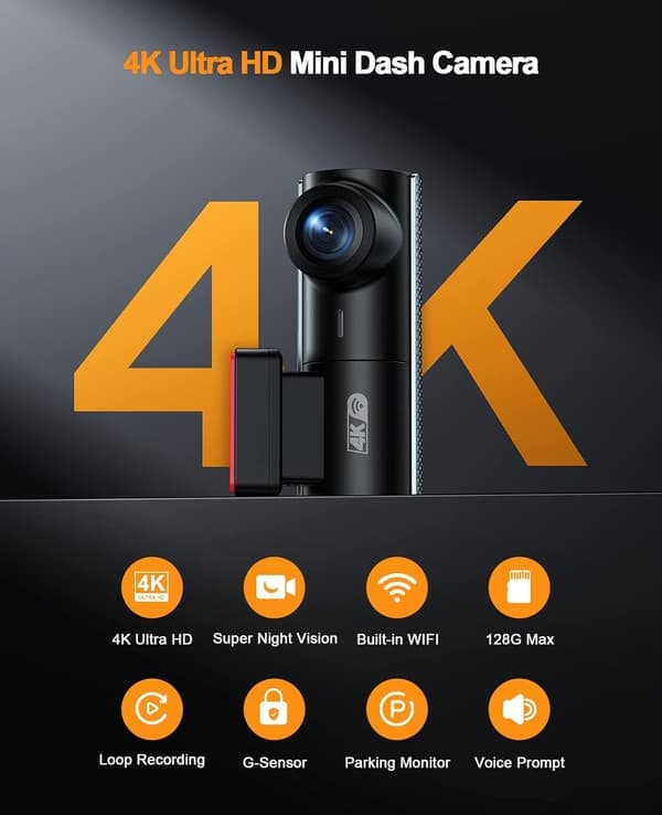 Dash Cam 4K WiFi – 2160P bilkamera med nattsyn, loop-opptak, G-sensor, 24H parkeringsmonitorering
