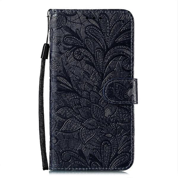 Blomsterpræget læderetui til iPhone 15 Plus Mørkeblå Dark Blue