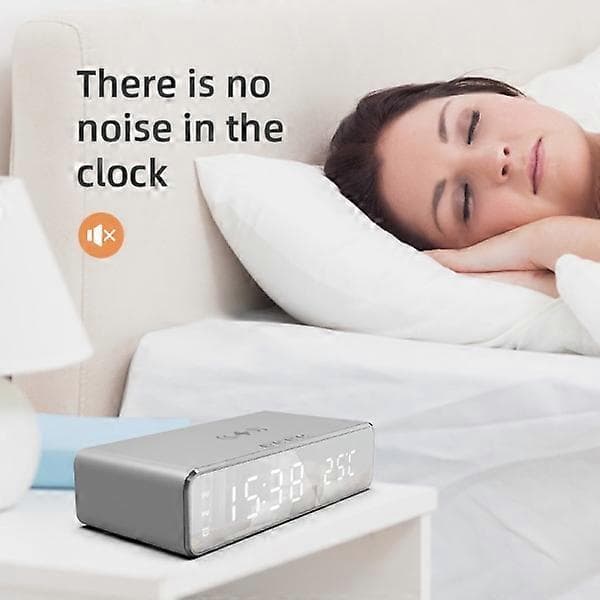 Digital LED väckarklocka med trådlös laddare/termometer Silver -Sy
