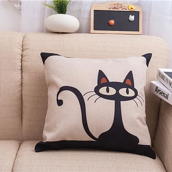 Pudebetræk - sort katte mønster - hør - 45 x 45 cm