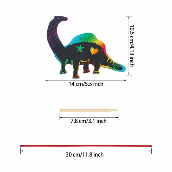 48 dinosaurieskrapkonstpapper + 24 träpennor + 48 band - Barnpyssel - Dinosauriefest