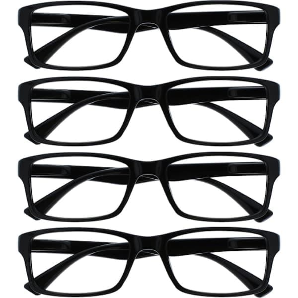 4-pack svarta läsglasögon +1.50, designermodell för herr & dam