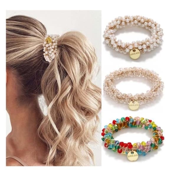 Hårsnoddar - Set om 3 - Pärlor och strass - Töjbara - Hållbara - Modeaccessoarer