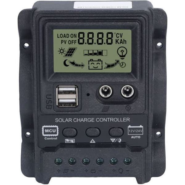 Dobbel USB 10A PWM Solcelleladeregulator, ABS LCD-skjerm, Lysstyring, 12V/24V (130W/260W)