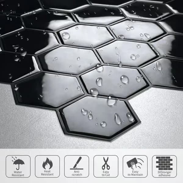 Självhäftande väggplattor 30,5x30,5 cm - Hexagonala - Svarta - 10-pack