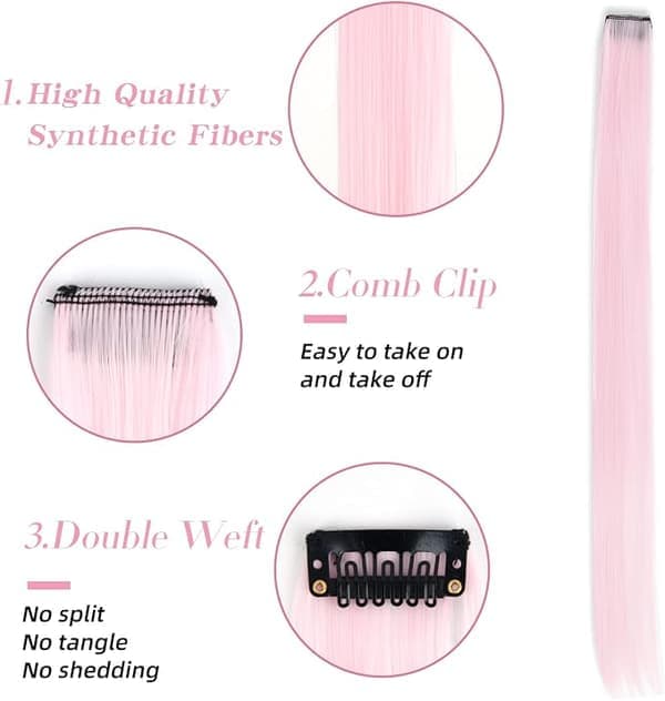 21'' 8 stk. farvede hårextensions til piger, festhighlights, farvede hårextensions med clip-in/on til piger og børn, hårtilbehør (Pink)