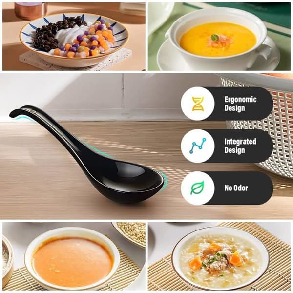 Sæt med 6 suppeskeer, sort keramik, 17 cm, ergonomisk design, til ramen og pho