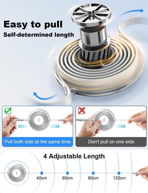 3-i-1 Multi-ladekabel, innebygd iPhone-lader, 100W hurtiglading USB-C/A til Lightning/USB-C/Micro USB telefonladekabel hvit White