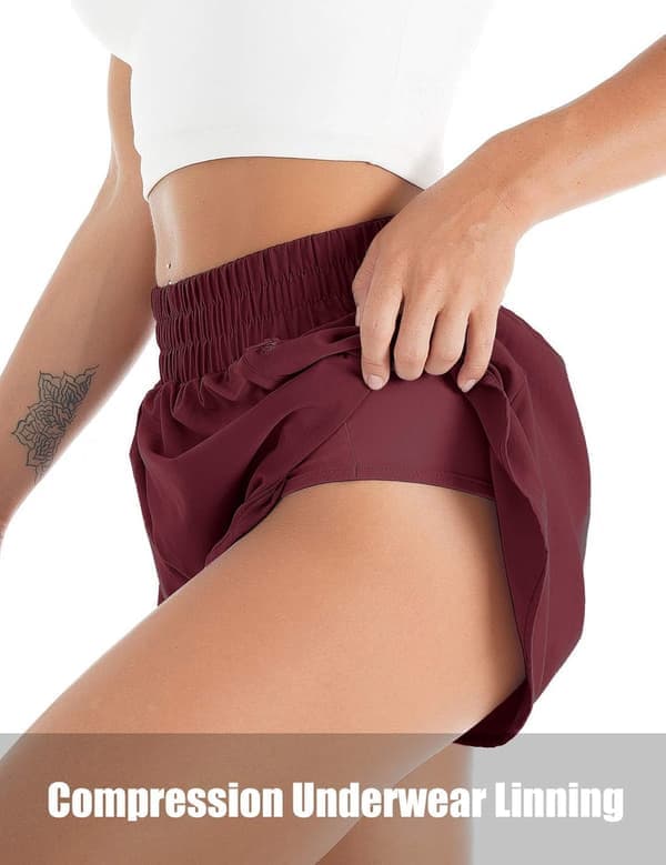 Løbeshorts til kvinder - Hurtigtørrende dobbeltlag med elastisk talje og lommer - Vælg farve og størrelse Dark Wine Red Medium